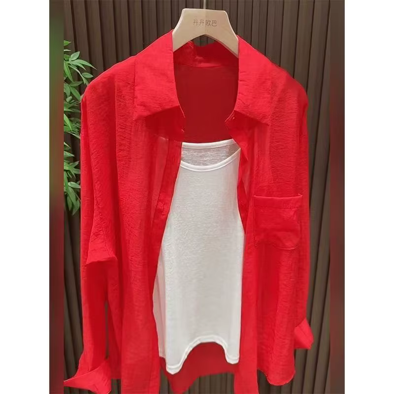 Chemise de Protection solaire à manches longues et col Polo rouge pour femmes, Style français, pares