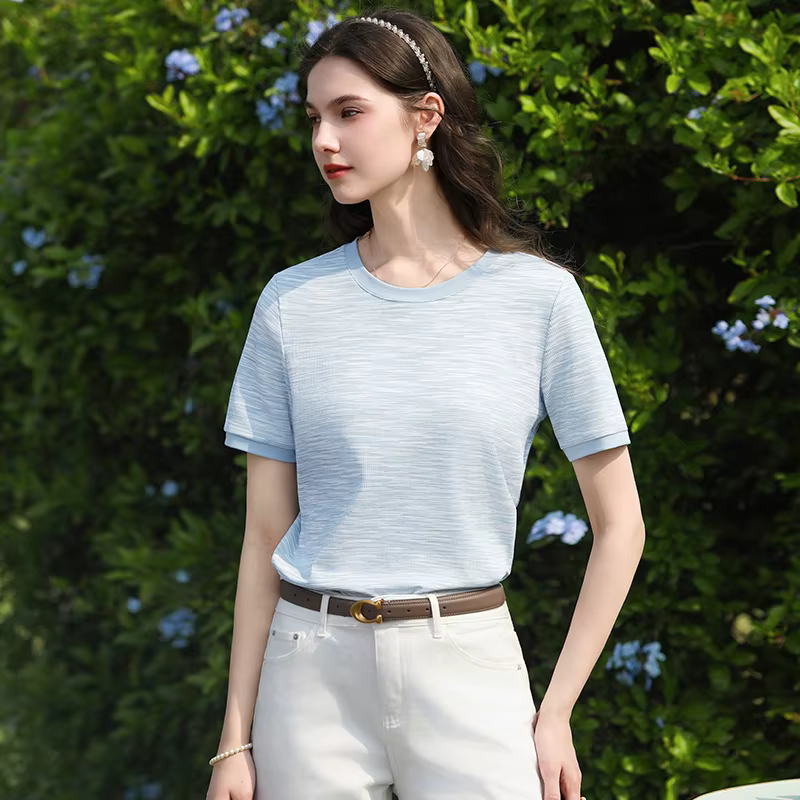 I BELIEVE YOU T-shirt tricoté à rayures bleues et blanches pour femme, col rond, manches courtes, ha
