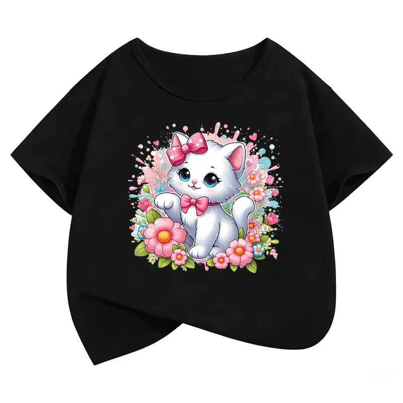 T-shirt imprimé chat avec nœud Kawaii, vêtements d'été pour filles, hauts à manches courtes, vêtemen