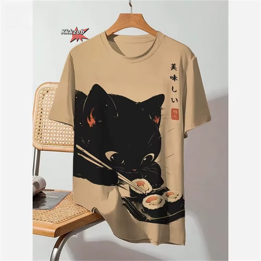 Japonais Ukiyo-E motif de chat mignon col rond hommes à manches courtes quotidien surdimensionné T-S