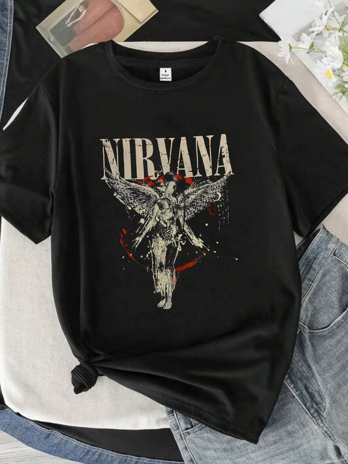 【0933】 T-shirt à col rond pour femmes, manches courtes, imprimé lettres et anges, haut à demi-manche