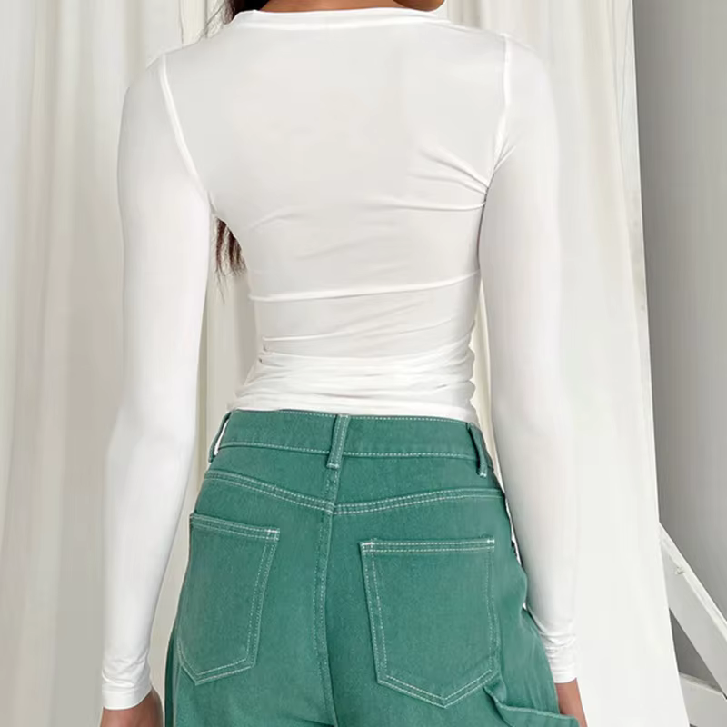 Femme vêtements à manches longues T-shirt coupe ajustée hauts femme col rond tricoté près du corps T