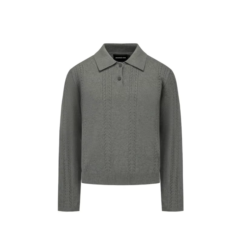 Polo en tricot jacquard pour homme, style rétro, manches longues, col à revers