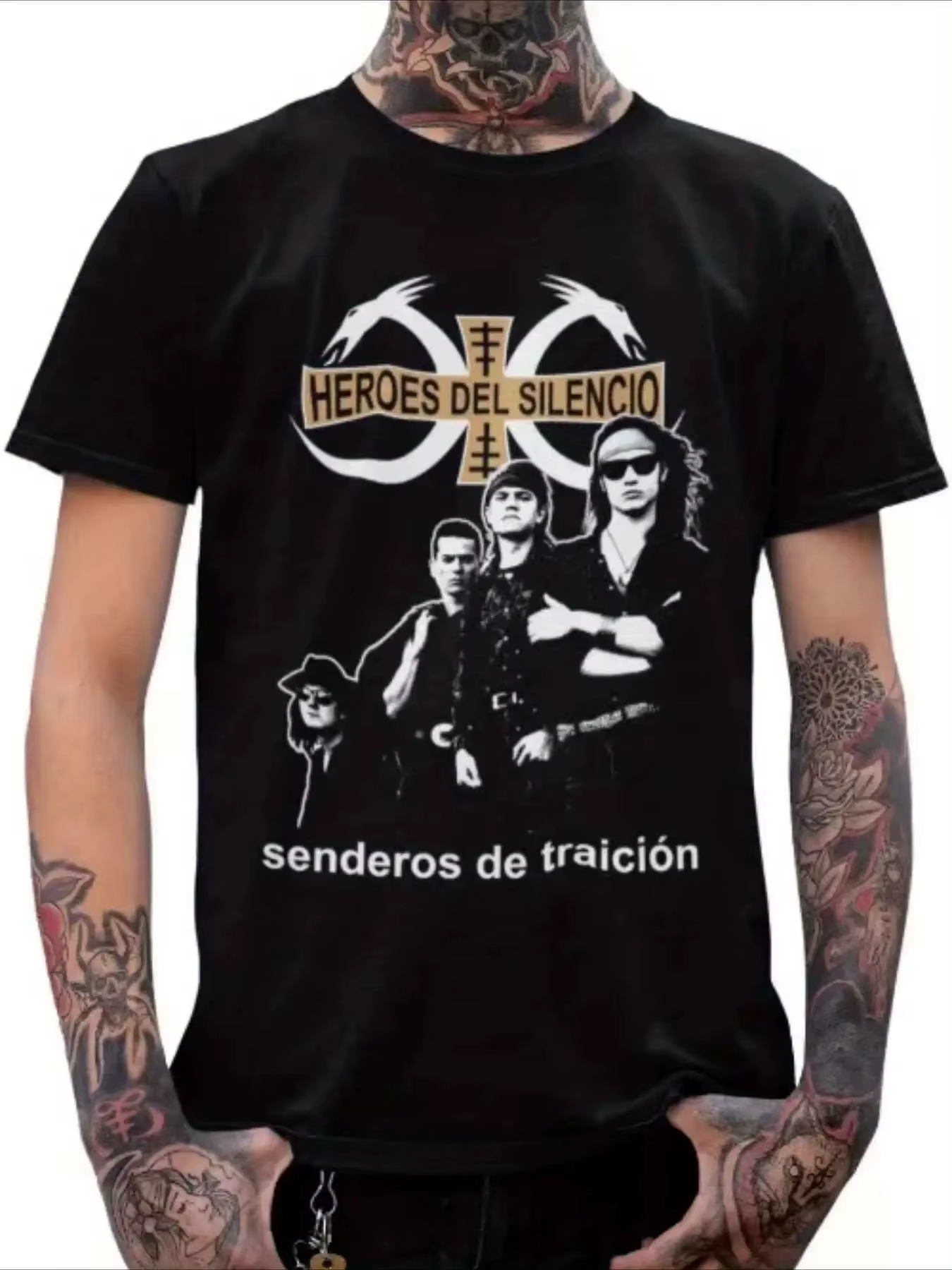 T-shirt imprimé avec paroles espagnoles pour hommes - Motifs Heroes Del Silencio et Sendeos De Traic