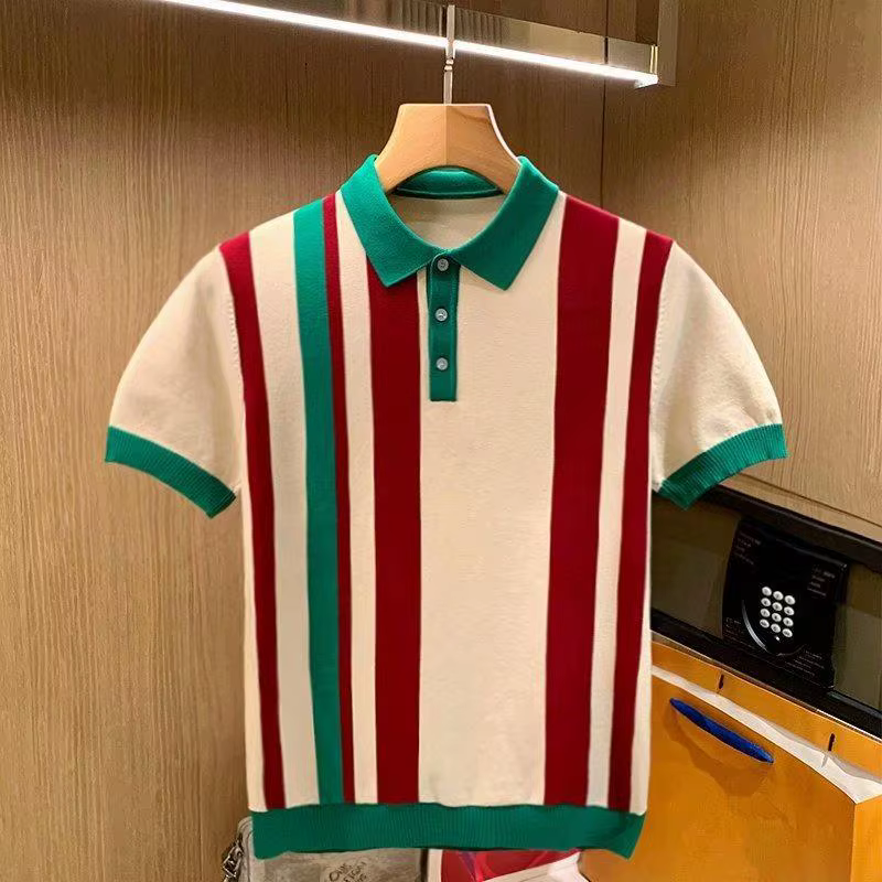 T-shirt de Style britannique pour homme, haut à rayures, manches courtes, avec boutons à revers, Sli