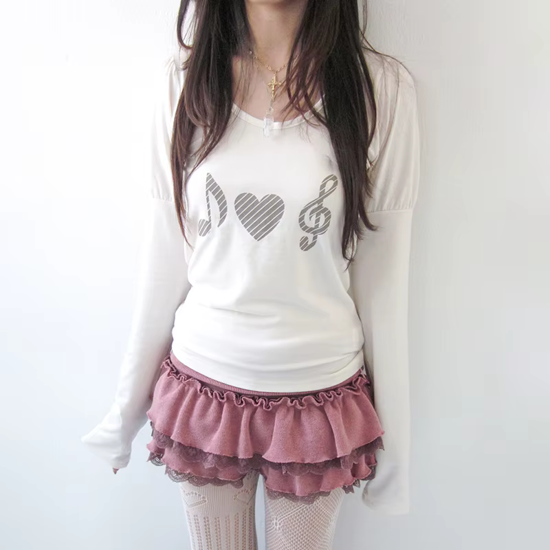 T-shirt Karrram japonais Y2k à imprimé cœur, vintage Harajuku, manches longues, gris, style coréen d