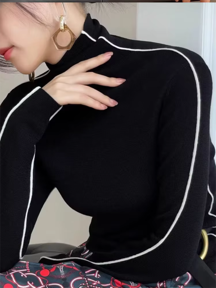Mode col haut T-shirt femmes automne hiver à la mode couleur bloquant Slim Fit hauts femme Base simp