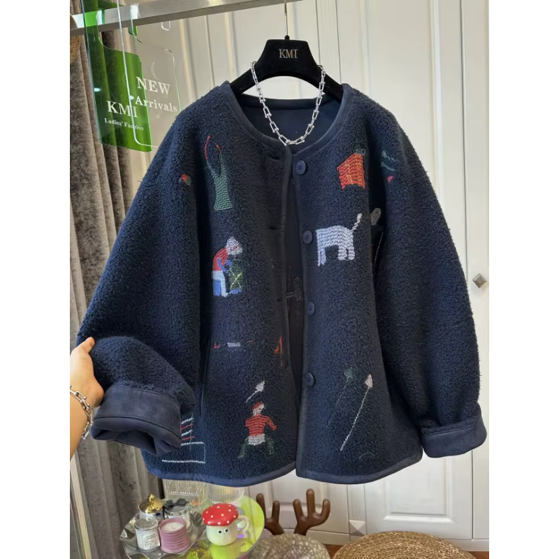 Manteau en laine d'agneau pour femme, sweat-shirt Smile, veste à manches longues, streetwear chaud, 