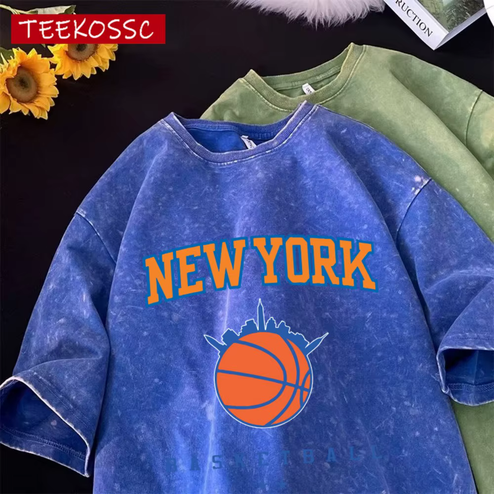 New York basket-ball imprimé lavé hommes T-Shirt été décontracté mode T-Shirts Sport coton Streetwea
