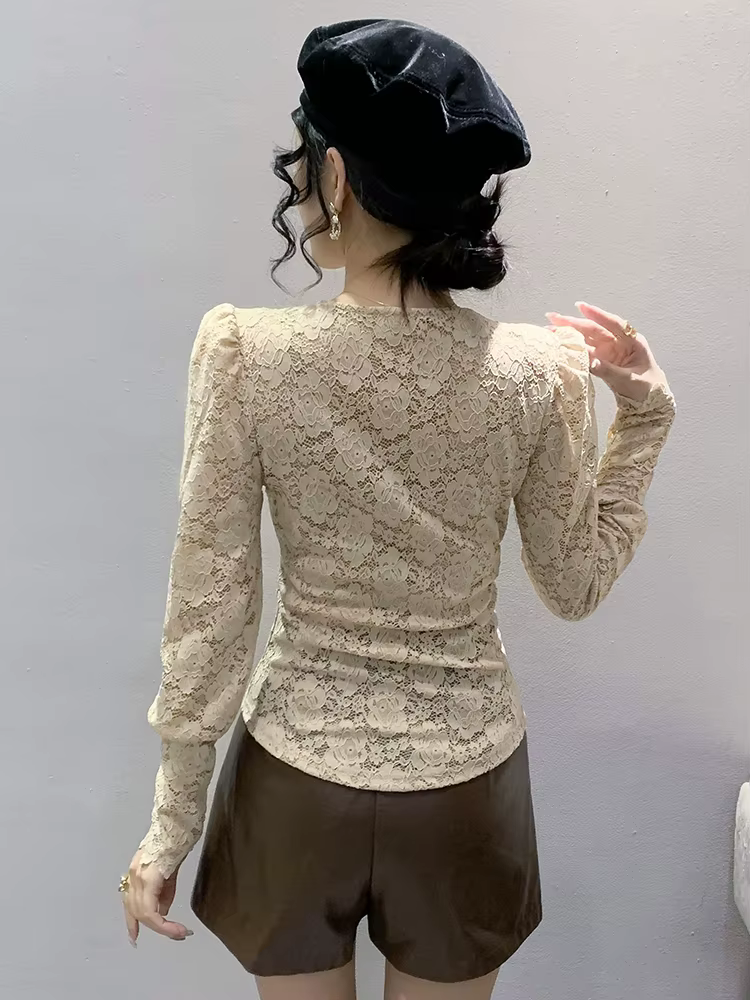 T-shirt à col en V croisé à manches longues pour femmes, simple couche, dentelle évidée, t-shirts mi