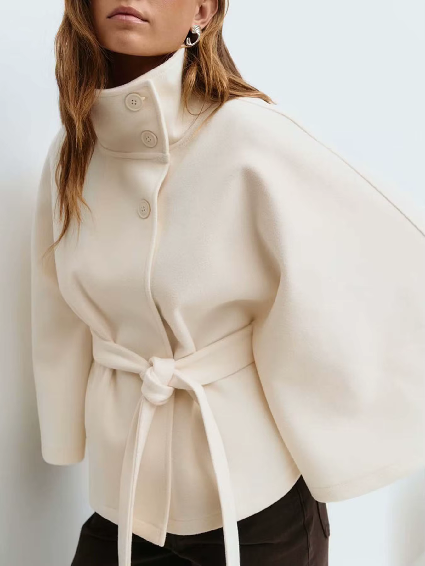 Femmes à lacets col haut vestes pour femmes avec ceinture coupe-vent élégant fausse laine mélanges C