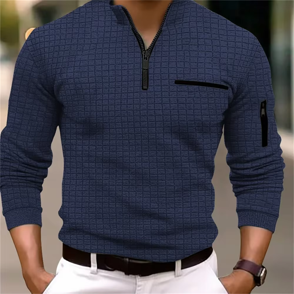 Nouvelle chemise POLO rayée à manches longues pour hommes avec col zippé, style rétro, sport, plein 