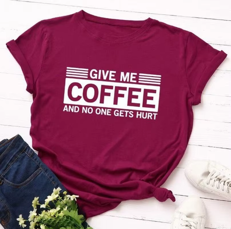 T-shirt manches courtes col rond pour femme, estival et estival, avec lettres imprimées "Give Me Cof