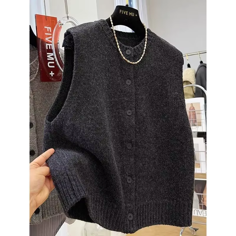 Pull et gilet à col rond pour femmes, haut Slim polyvalent à simple boutonnage de Style rétro