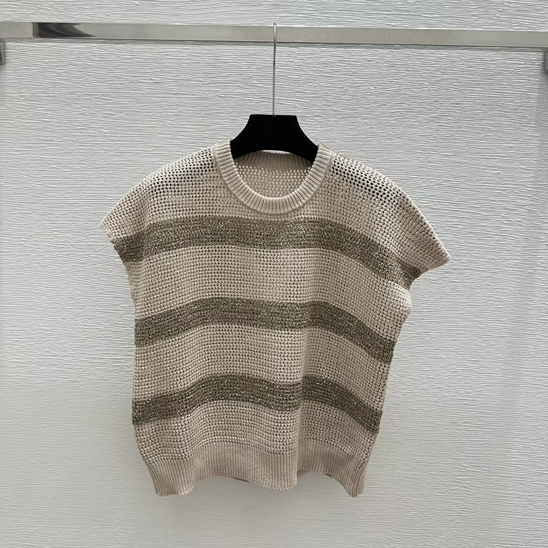 Haut court en tricot ajouré rayé à blocs de couleurs, sans manches, col rond, 26 pouces