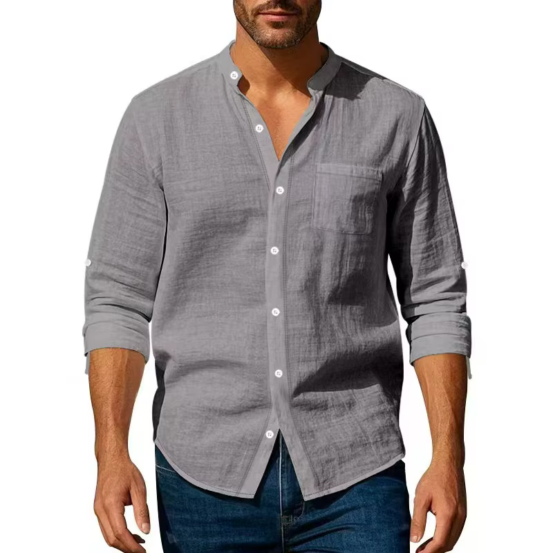 Chemise en coton et lin pour homme, col Henley, couleur unie, légère, respirante, coupe ajustée, sim