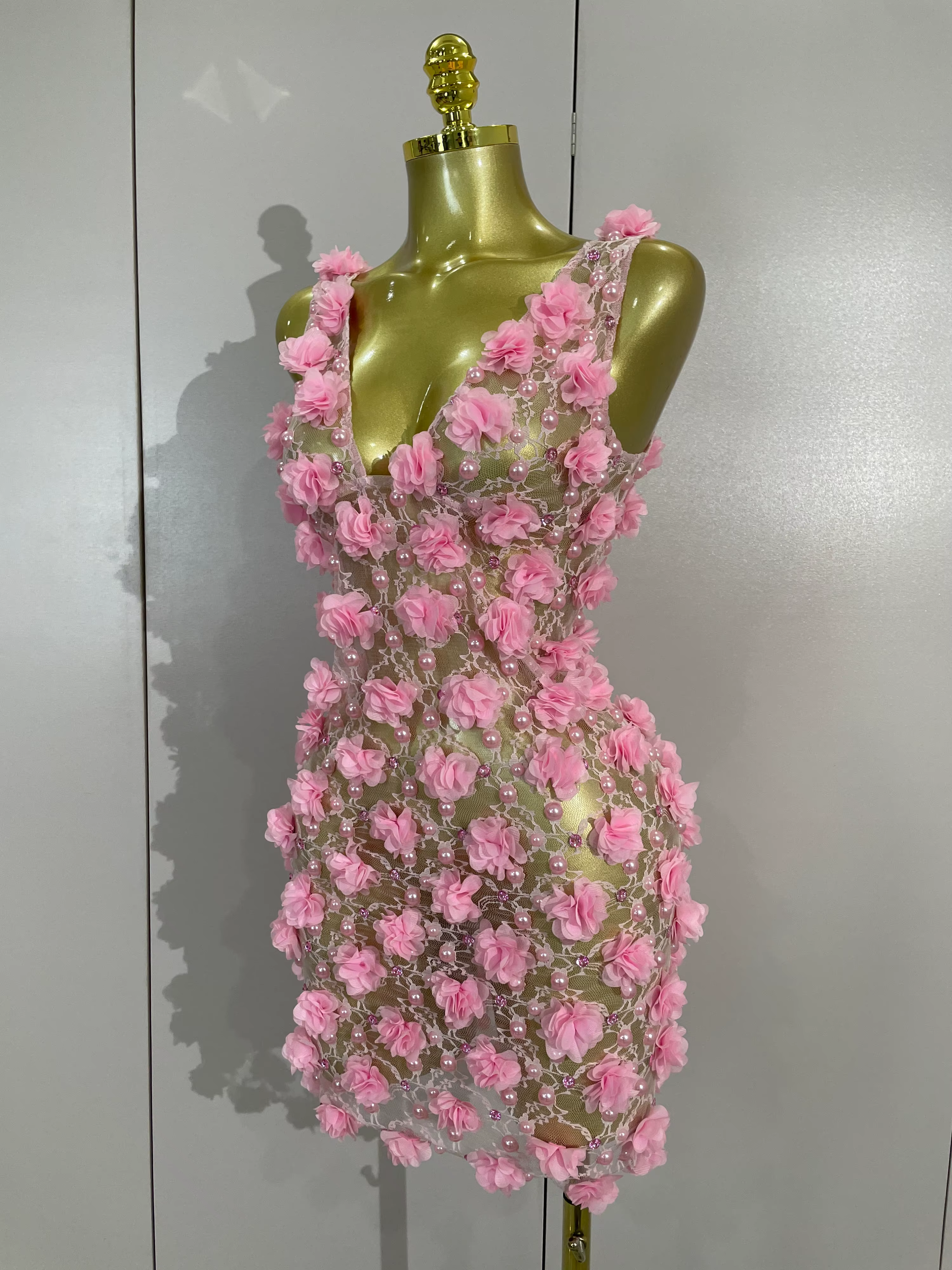 Robe de soirée pour femmes, robe de club, robe d'anniversaire, robe rose à fleurs en perles, robe en