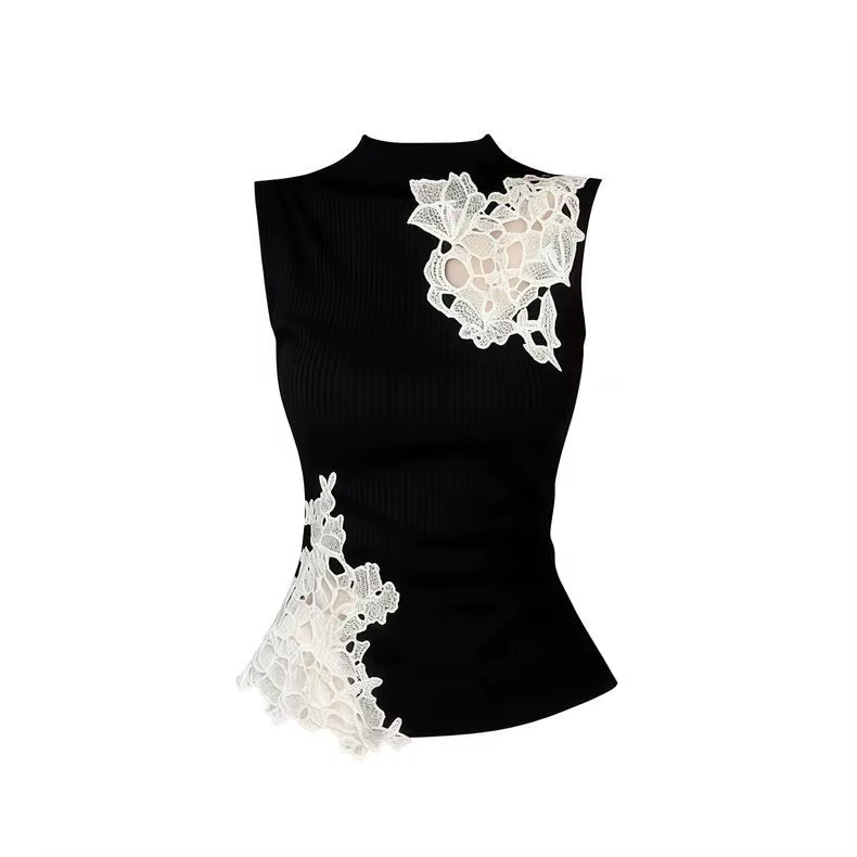 Nouveau débardeur noir en dentelle patchwork sans manches pour femme, design printemps-été, coupe sl