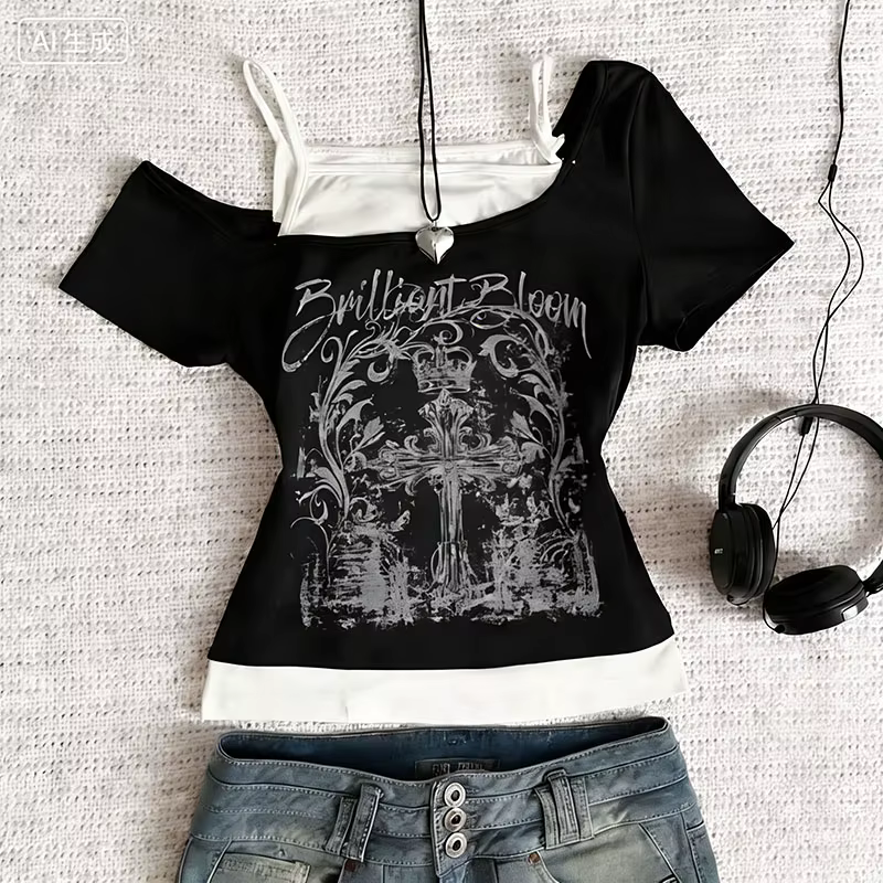 T-shirt femme noir Y2K, hauts imprimés, t-shirts graphiques anime, Harajuku, sexy, Kawaii, Emo, Grun