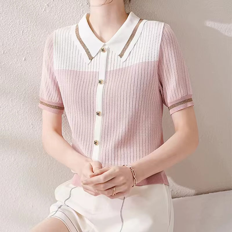T-shirt manches courtes col rabattu femme, estival et décontracté, 2024