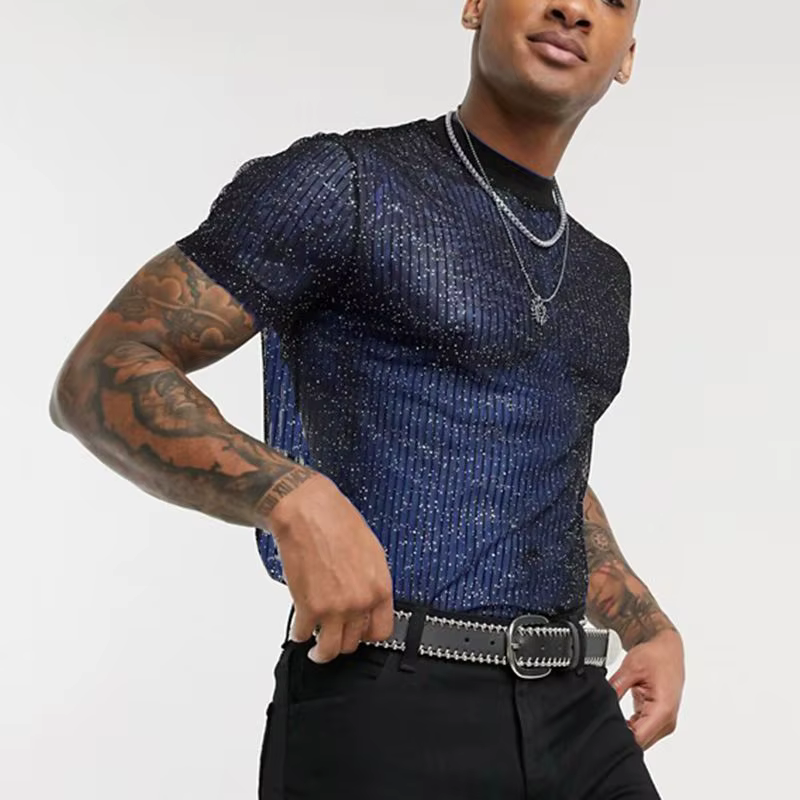 T-shirt en maille à manches courtes pour hommes, coupe cintrée, brillant, Sexy, transparent, fête, b
