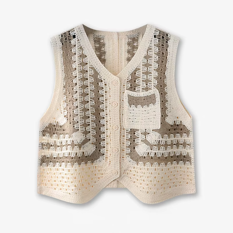 Gilet en Crochet à fleurs perlées pour femmes, bouton transparent sur le devant, sans manches, trico