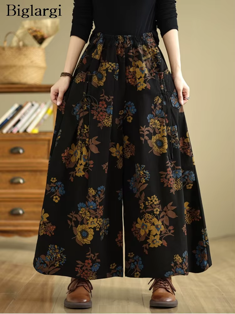 Jean rétro automne fleur imprimé fleuri mode élastique taille haute dames pantalon surdimensionné lo