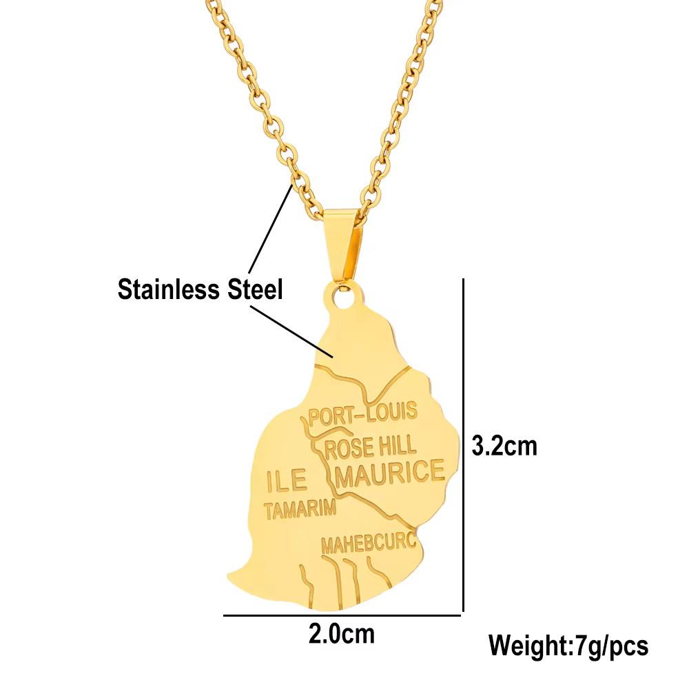 ILE Lung Map City Pendentif Collier pour Homme et Femme, Acier Inoxydable, Or, Argent, Document, Afr