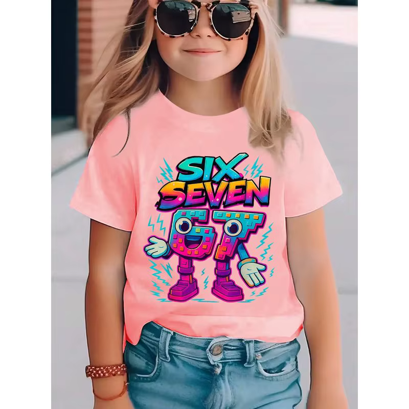 T-shirt graphique pour enfants Neon SIX SEVEN numéro 67, coton doux, streetwear mignon pour garçons 