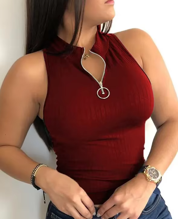 Débardeur côtelé sexy pour femme – Coupe ajustée, extensible, haute élasticité, col montant et brete