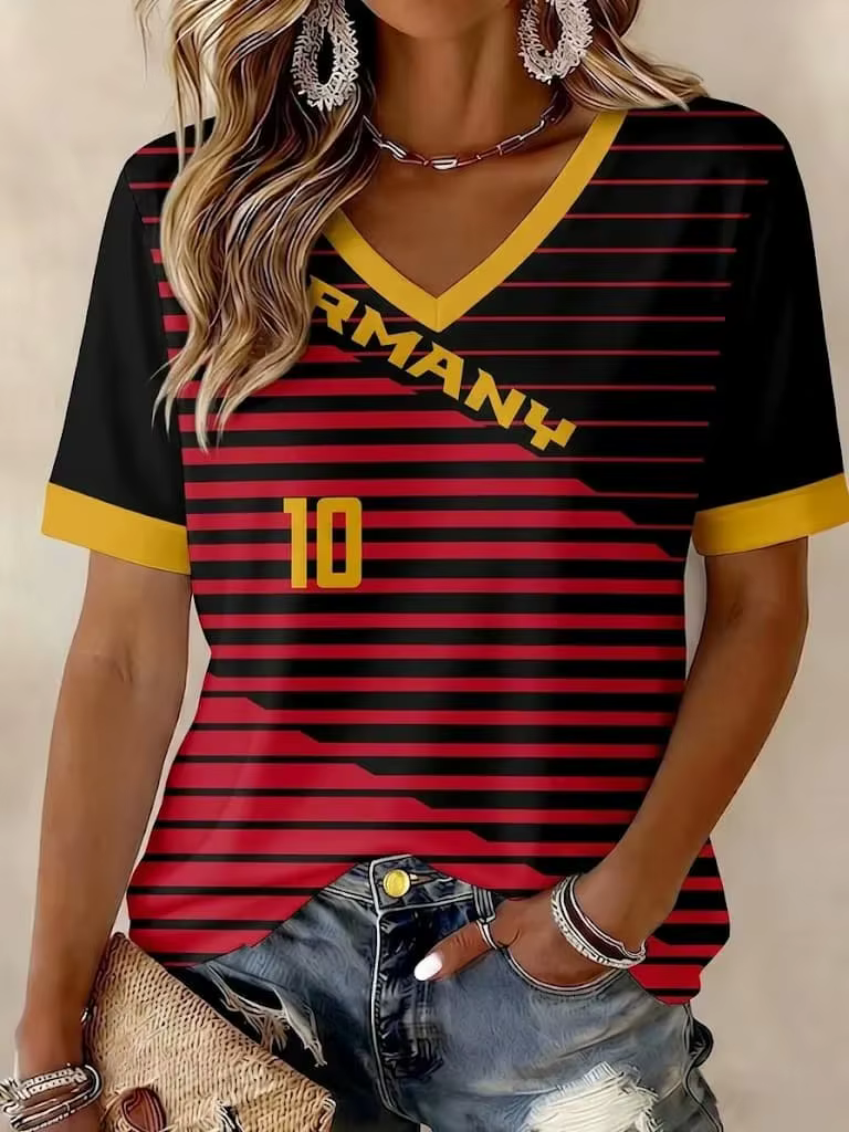 T-shirt de football allemand à col en V, imprimé drapeau allemand noir, rouge et jaune, manches cour