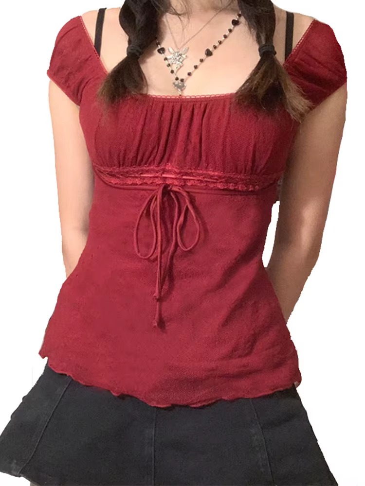 T-shirt en dentelle pour femmes, épaules dénudées, avec cordon de serrage, mode coréenne, fée Grunge