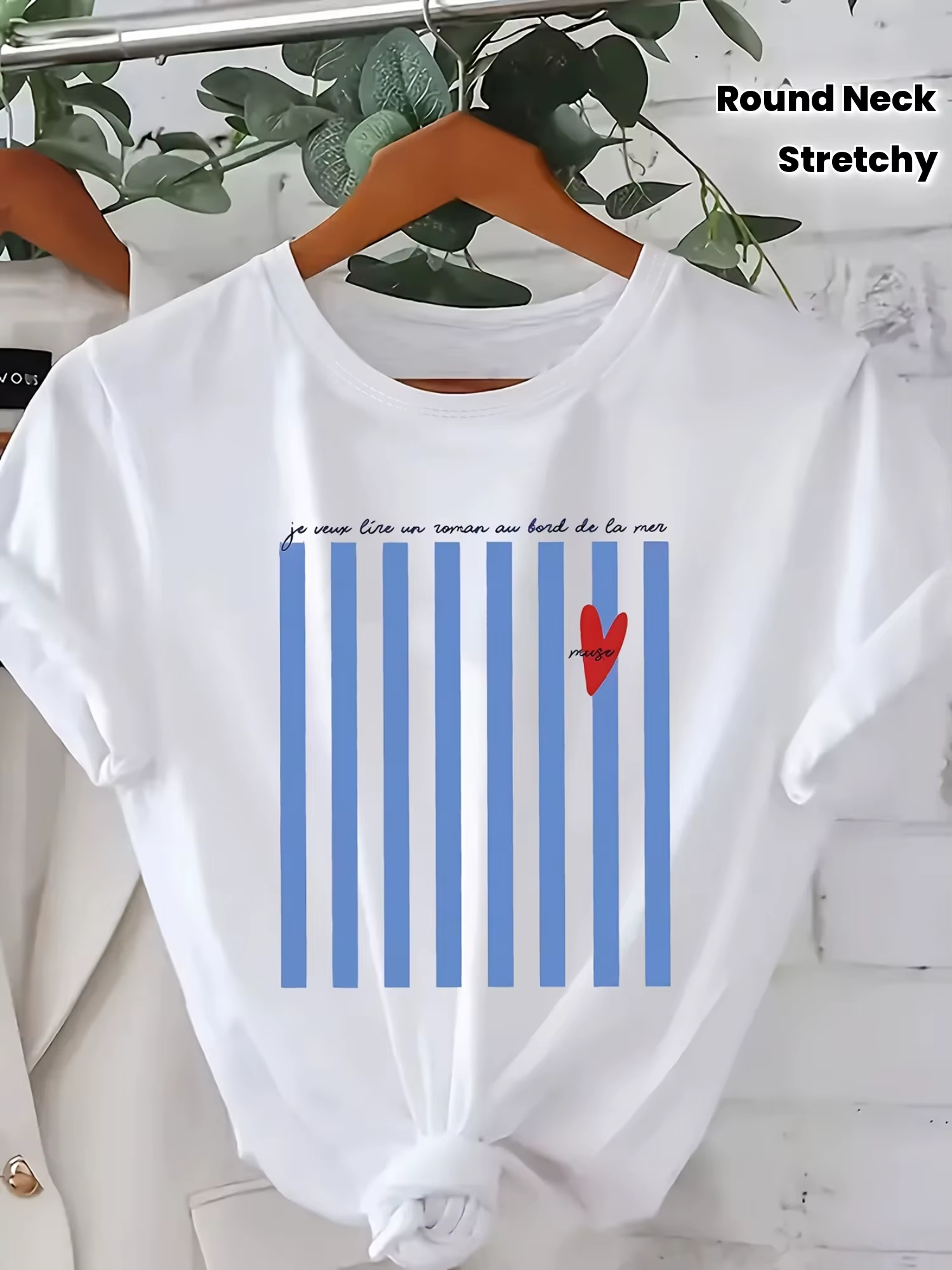 T-shirt d'été imprimé à motif rayé bleu clair pour femmes, col rond, manches courtes, vêtements déco