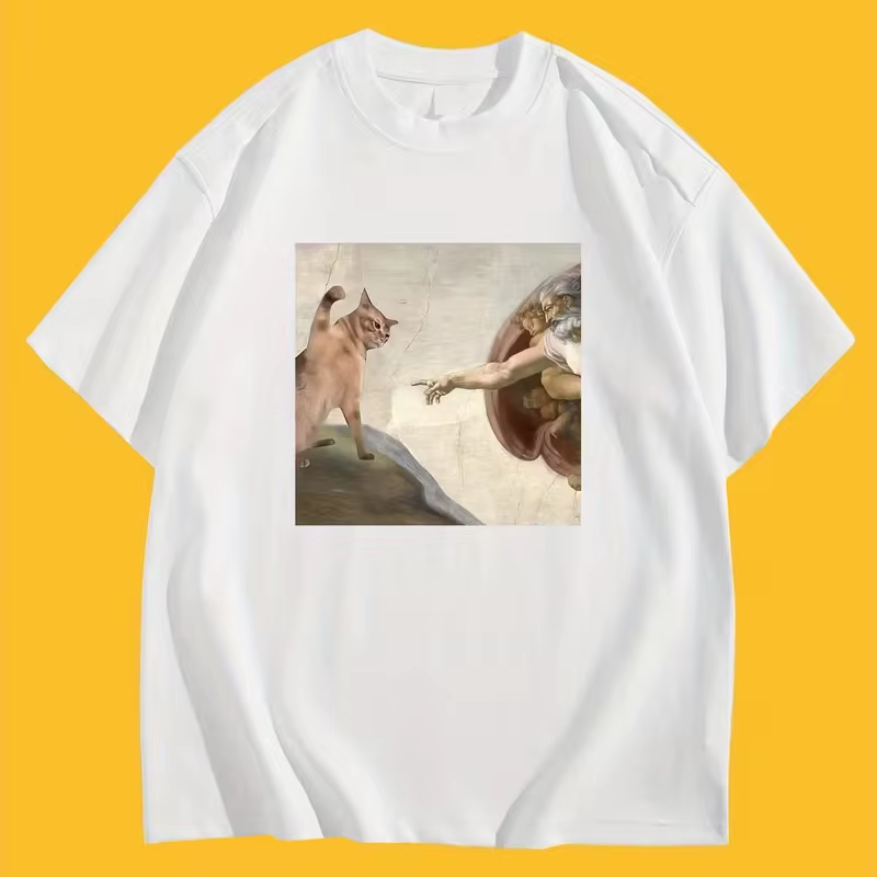 T-shirt humoristique à motif de parodie de la création du chat et d'Adam, décontracté, col rond, man