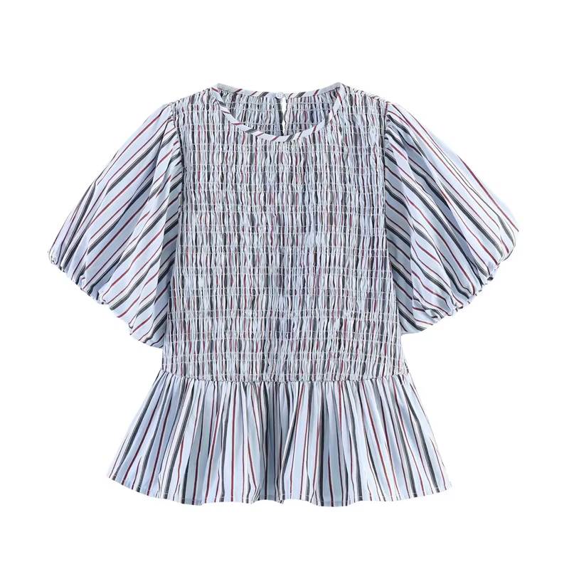 Haut pour femme 2026 Nouvelle collection été à manches bouffantes et rayures nid d'abeille, style dé