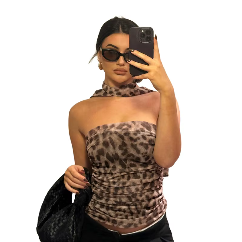 High Street – haut court en maille léopard pour femmes, Sexy, dos nu, froncé, Corset, col licou, déb