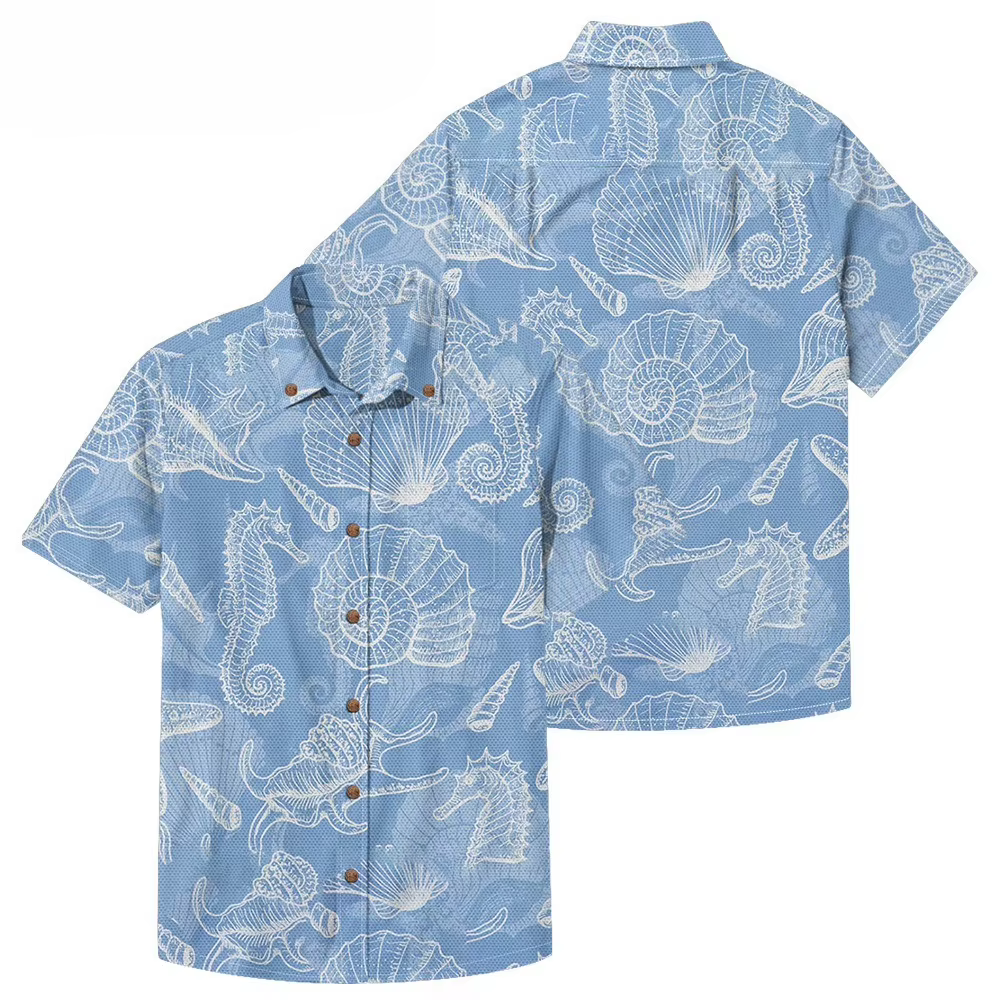 Chemise hawaïenne Aloha vibrante hippocampe et corail pour hommes, chemises boutonnées décontractées