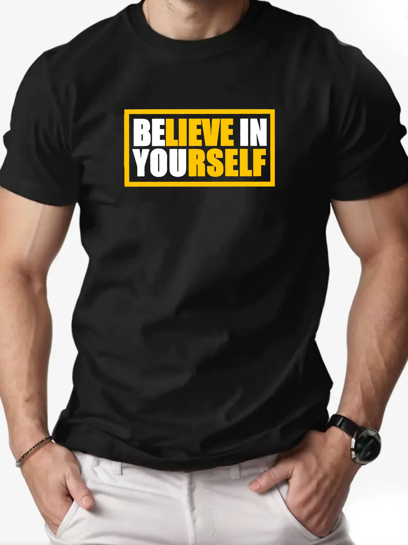 T-Shirt col rond pour hommes, 100% coton, lettre anglaise BELIEVE IN YOUSELF, imprimé, respirant, su