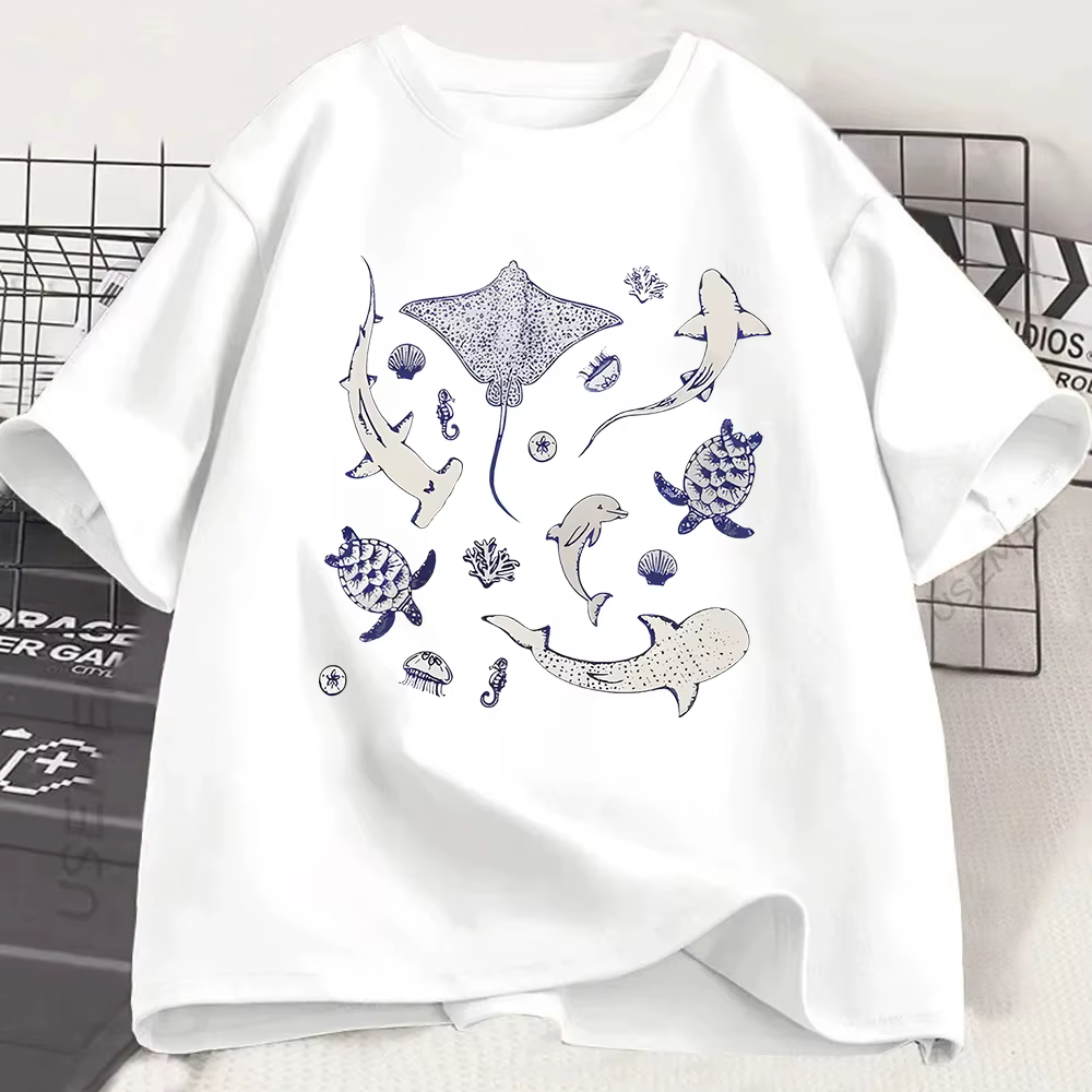 T-shirt à motif d'animaux marins, raie, requin, tortue, dauphin, vêtements décontractés d'été sur le