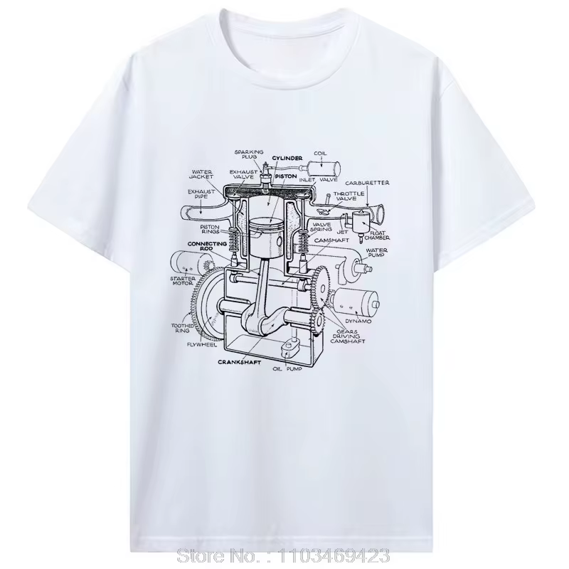 T-shirt en coton imprimé avec motif de composants de moteur de voiture pour hommes - Chemise d'été à