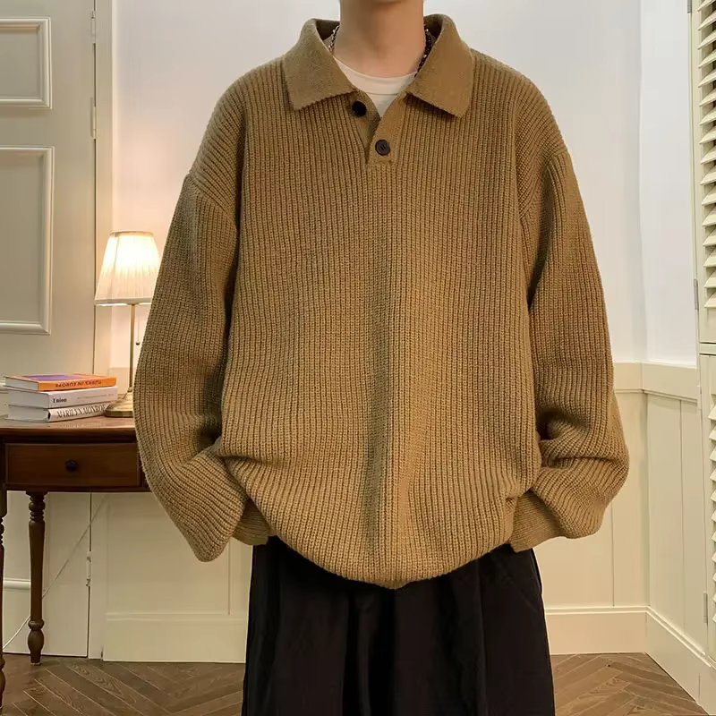 Japonais paresseux Style Polo col pull hommes rétro café surdimensionné tricoté pull hommes décontra