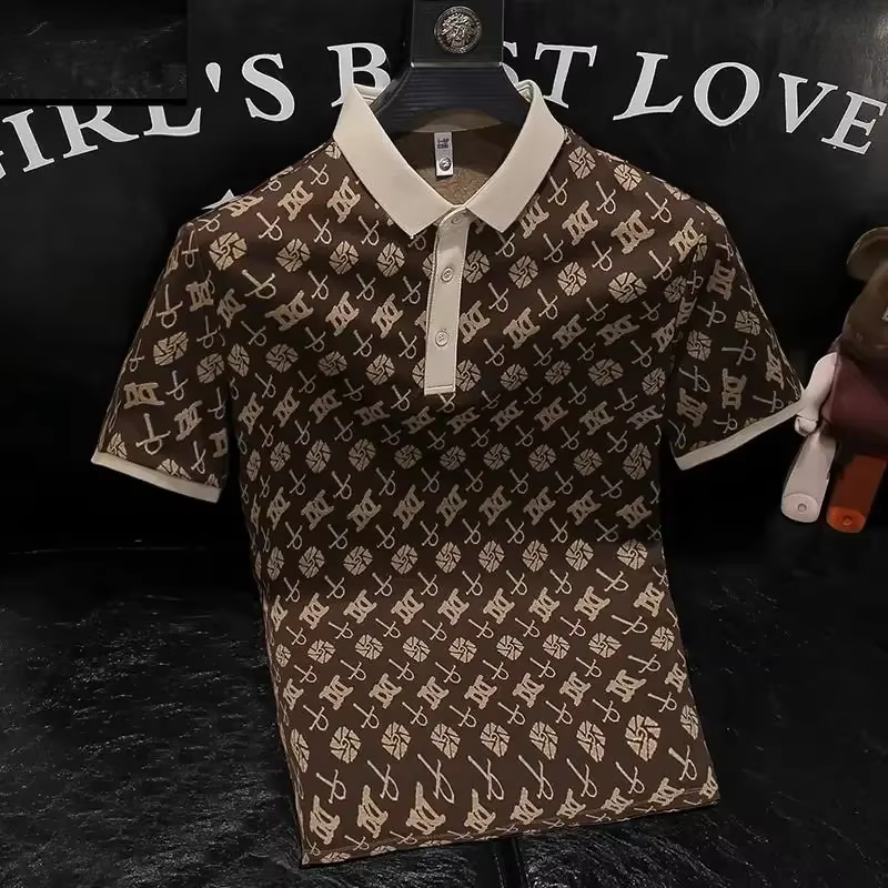 T-shirt à manches courtes pour hommes, marque tendance, rétro, revers, imprimé de perles, Slim Fit, 