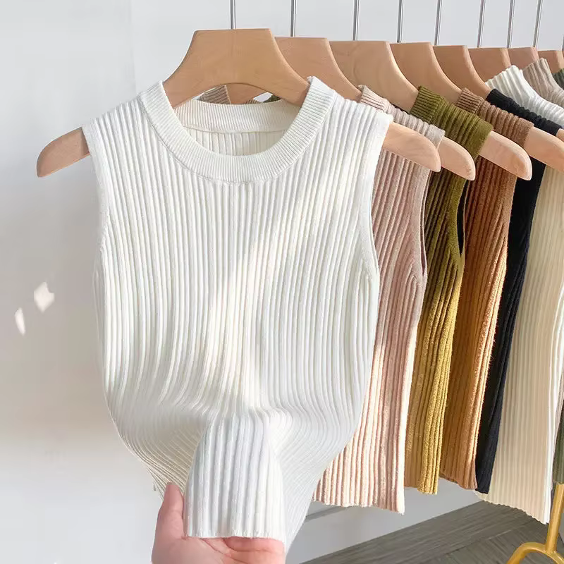 Débardeurs tricotés coréens pour femmes 2026 – Col rond, couleur unie, style Y2K, mode estivale, san