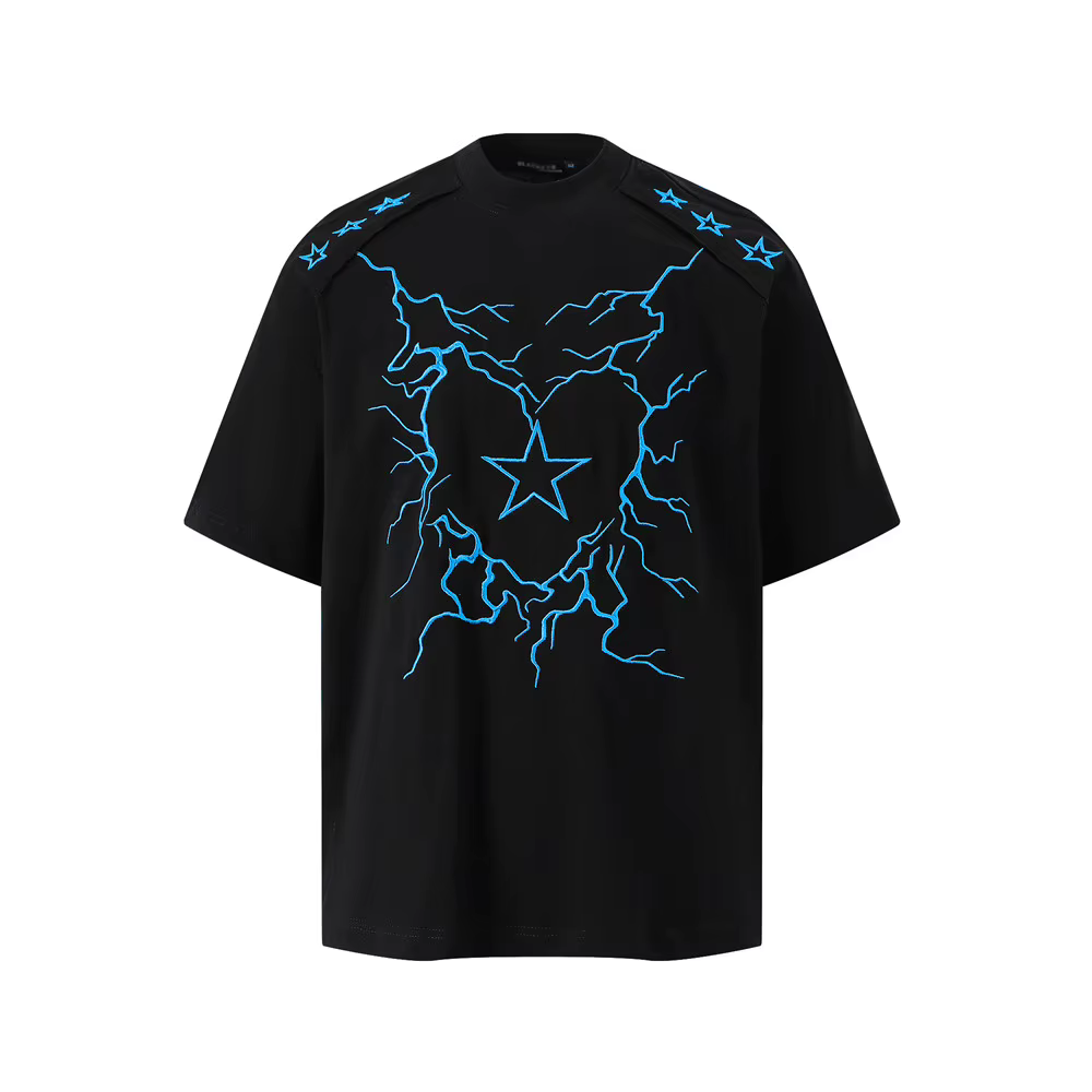 Lightning coeur broderie à manches courtes T-shirt hommes été haute rue col rond demi manches ample 