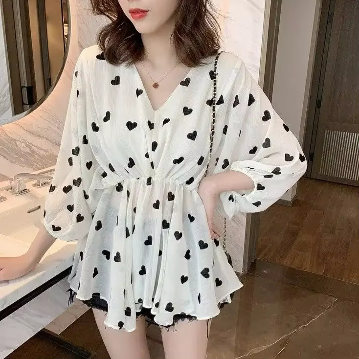 Hauts à col en V pour femmes, chemise et chemisier en mousseline de soie, vêtements amples, esthétiq