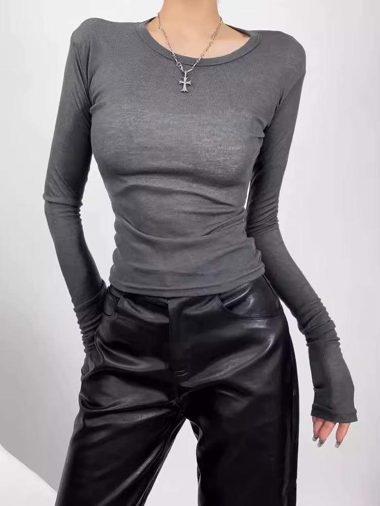 T-shirt semi-transparent ajusté à col rond pour femme, manches longues