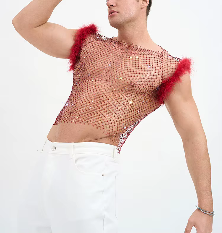 Nouveauté 2026 Débardeurs courts sexy pour hommes en résille à strass, avec empiècements en peluche,
