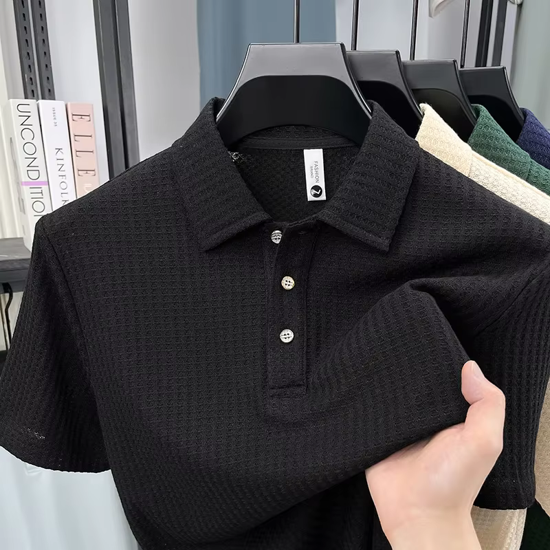 Polo en maille nid d'abeille minimaliste pour homme, col à trois boutons, séchage rapide, anti-trans