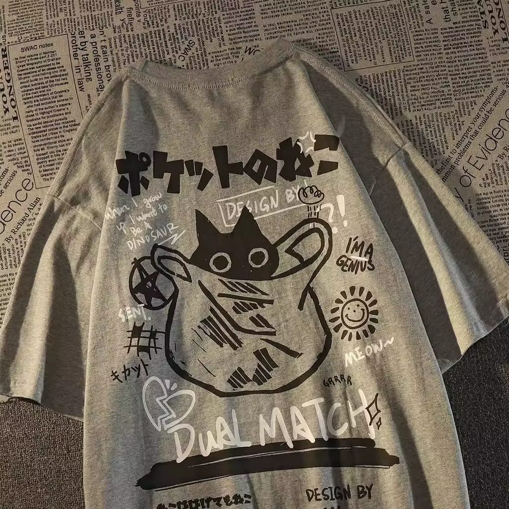 Été japonais rétro poche chat dessin animé imprimé à manches courtes T-shirt hommes femmes Couples u