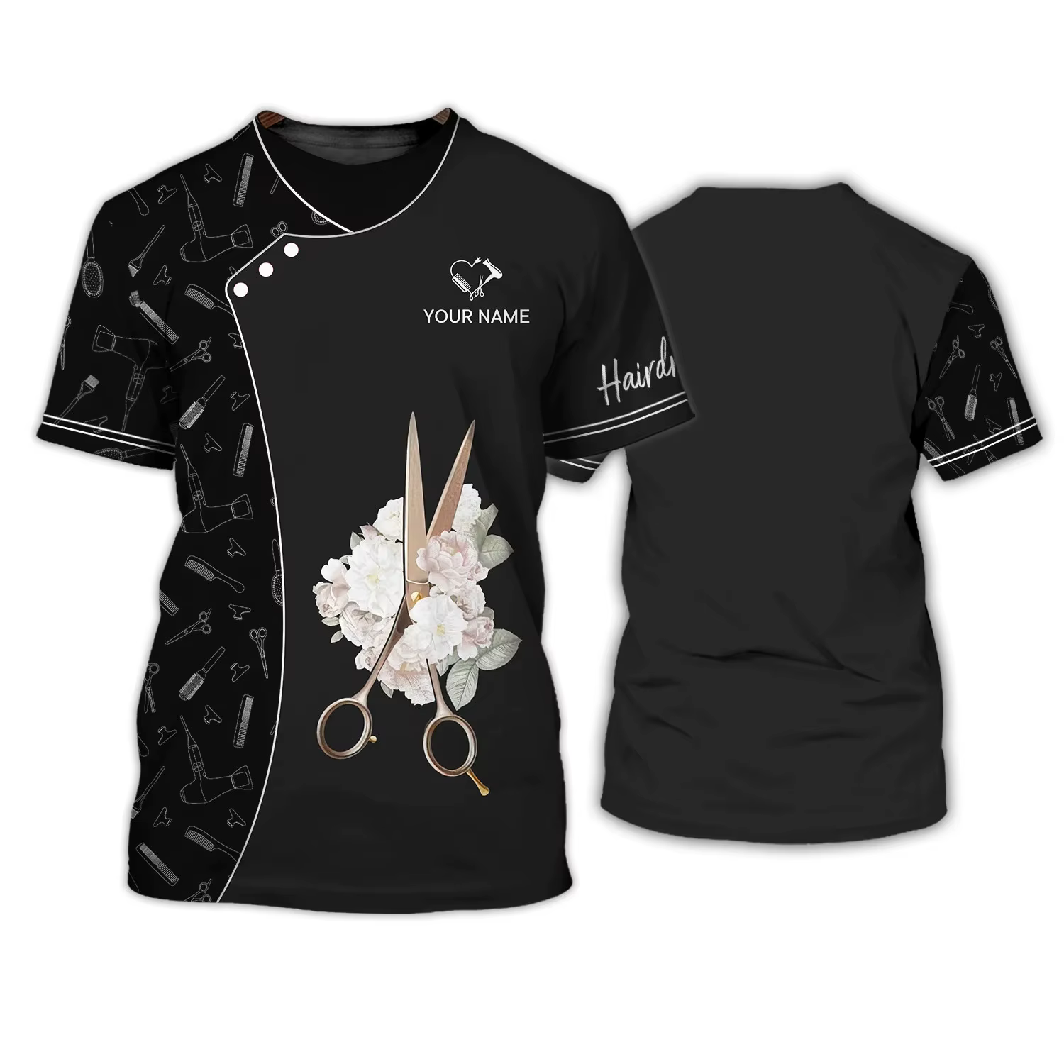 T-shirt unisexe imprimé en 3D avec nom personnalisé pour hommes, vêtements de coiffeur, outils de co